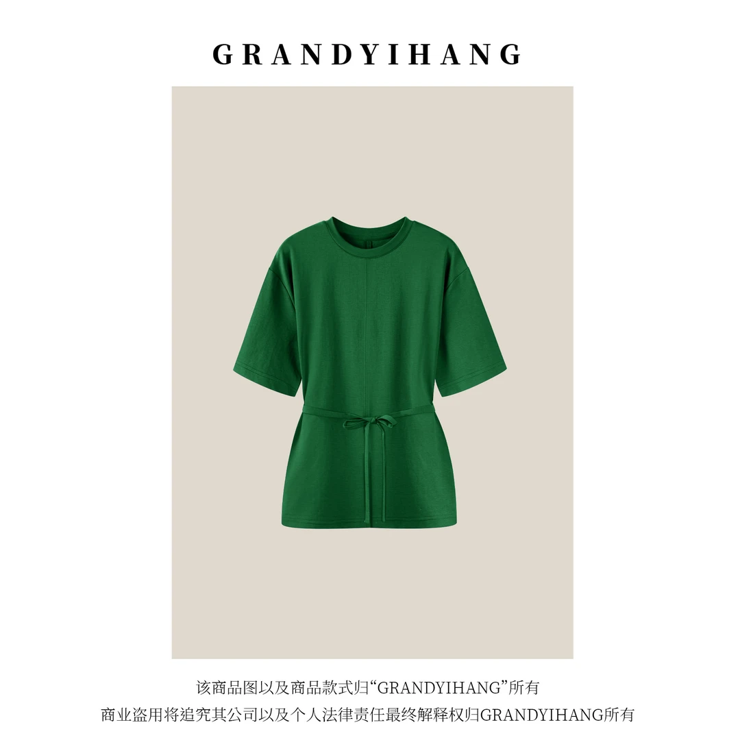 【艳姐推荐】春夏新款简约时尚气质百搭腰带短袖T恤上衣23393