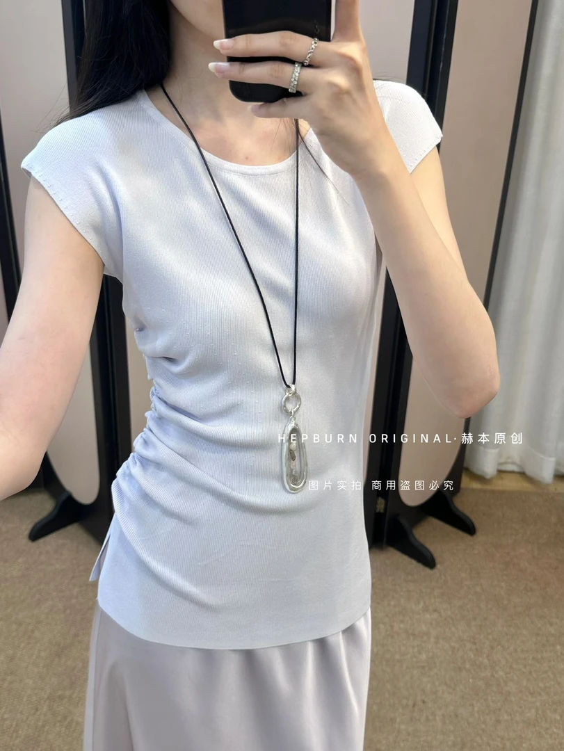 赫本侧压褶坎肩显瘦百搭上衣 L131（福福）