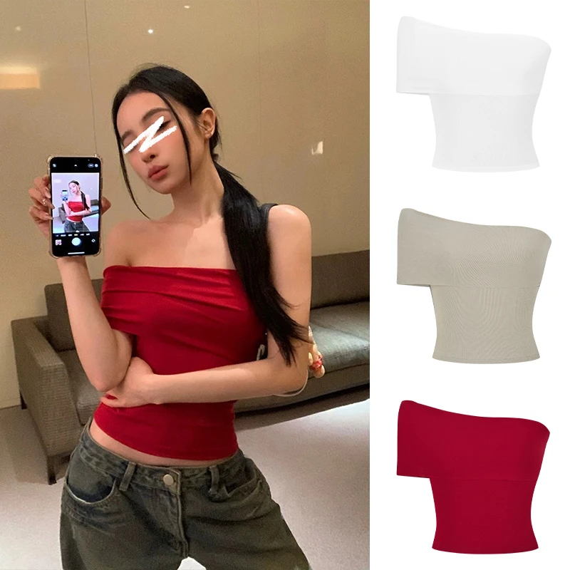 Moses Queen/魔西女王露肩辣妹设计感短款T恤修身抹胸斜肩上衣