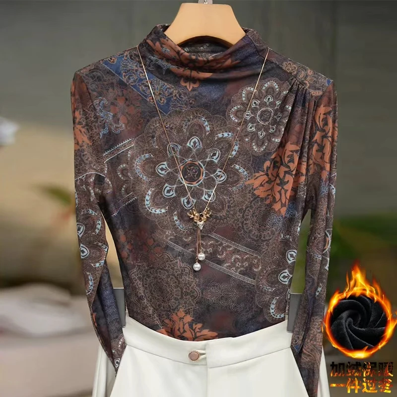 471#千金风透气纱网美拉德风拼色T恤网红半高领印花蕾丝