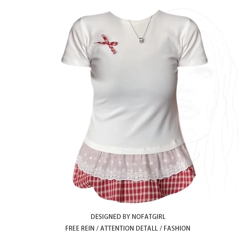 大码胖MM韩系甜美下摆拼接短袖T恤女夏季新款修身设计感别致上衣