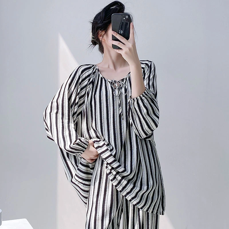 春夏款绵绸睡衣女套装九分袖长裤加大码套装夏天人造棉宽松家居服