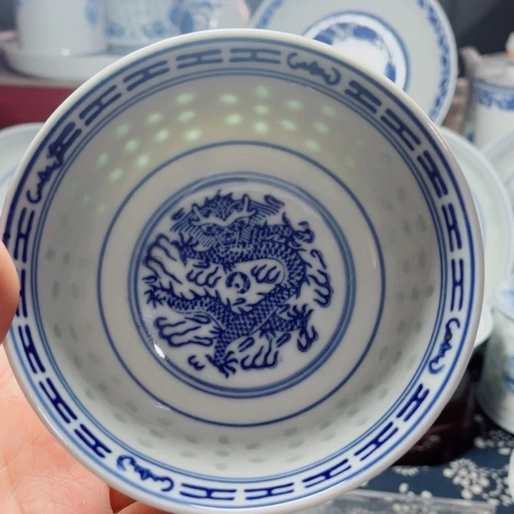 青花玲珑5寸饭碗龙纹