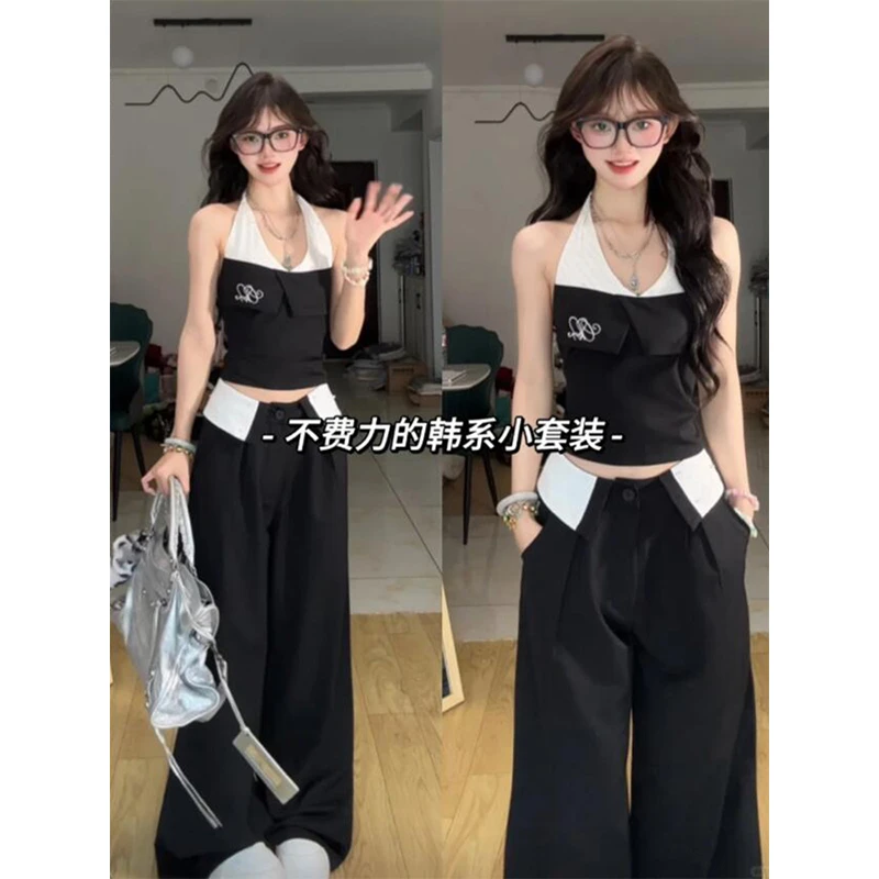 韩系复古气质夏日撞色挂脖绑带背心套装女夏季宽松阔腿裤子两件套