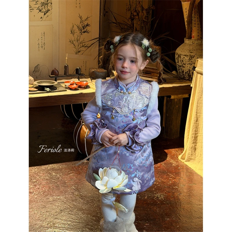 FLL·25冬~毛毛边刺绣旗袍裙53955（童装汉服）汉服