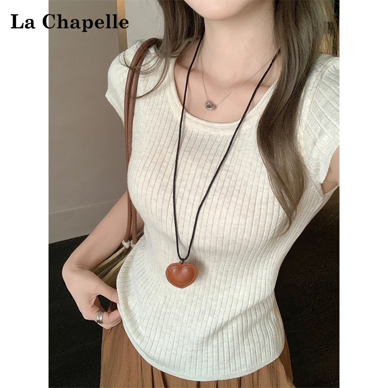 拉夏贝尔条紫色圆领飞袖针织衫2025夏季新款圆领正肩修身显瘦上衣