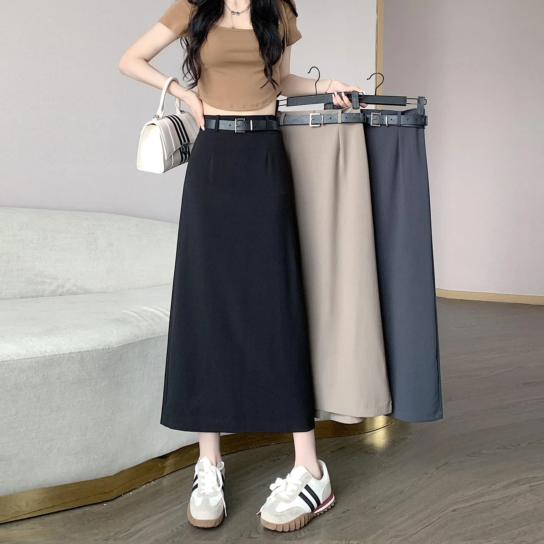 黑色西装半身裙女秋夏2025新款高级感后开叉中长版直筒高腰a字裙