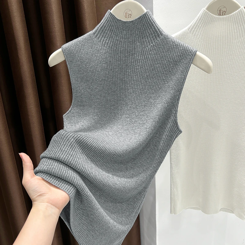 小香风灰色针织高领毛衣t恤女高级感穿搭显身材坑条设计无袖上衣