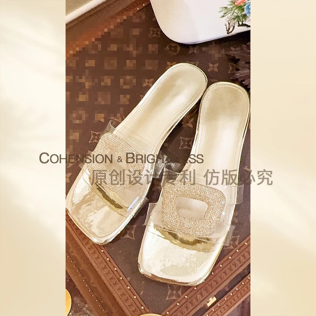 夏季新款法式仙女风透明款方头水钻外穿一字拖拖鞋XQ820