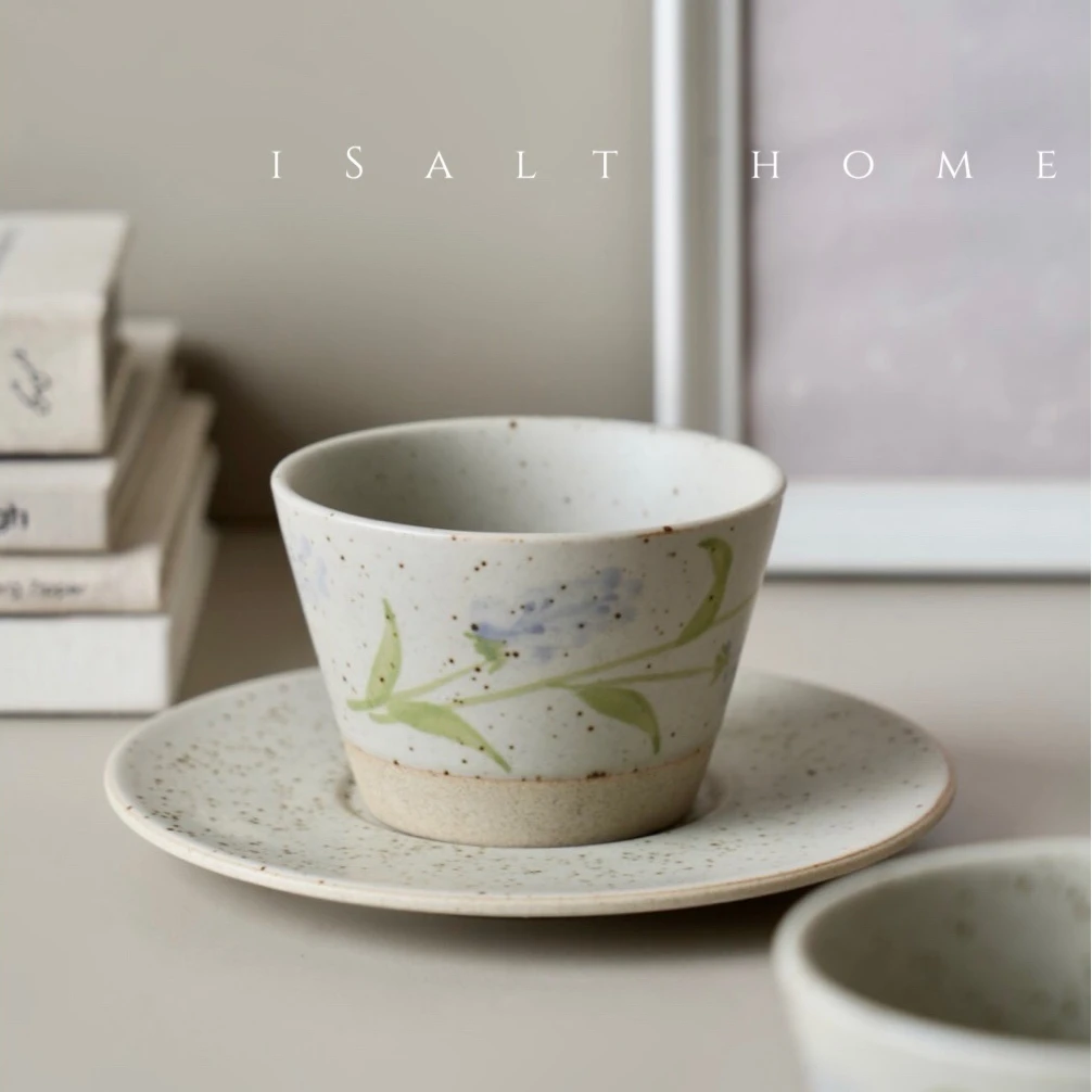 粗陶青花薰衣草猪口杯.手绘咖啡拉花杯创意家用下午茶复古耐高温