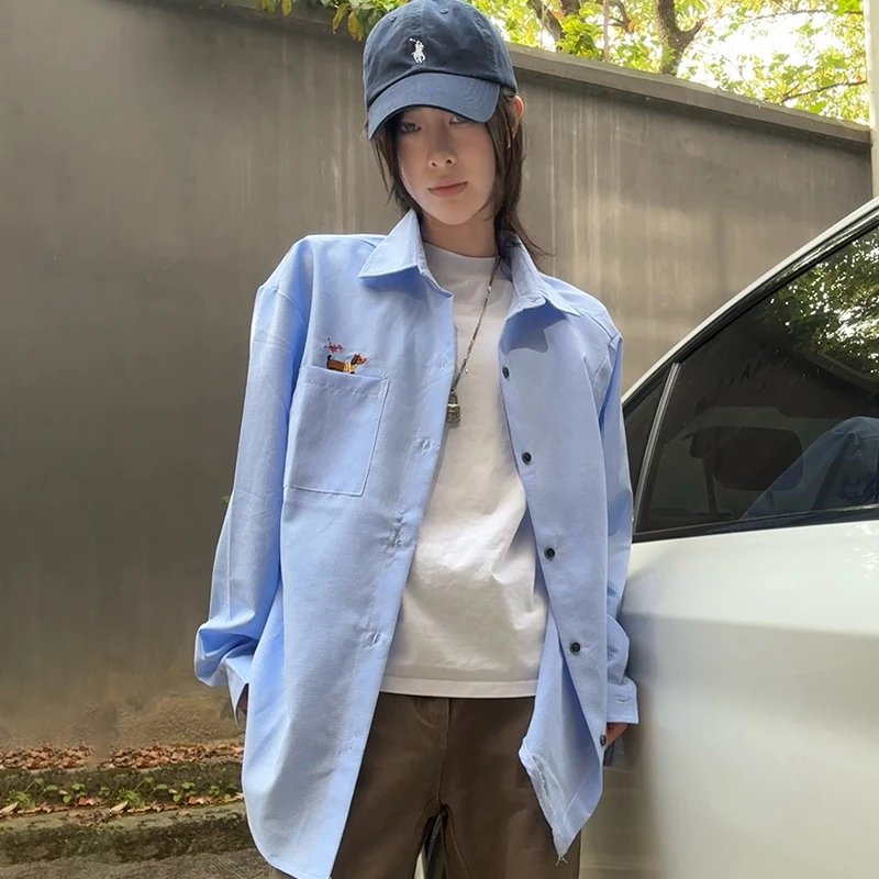 春季新款长袖条纹刺绣男女同款衬衫刺绣条纹学院衬衫时尚情侣衬衣