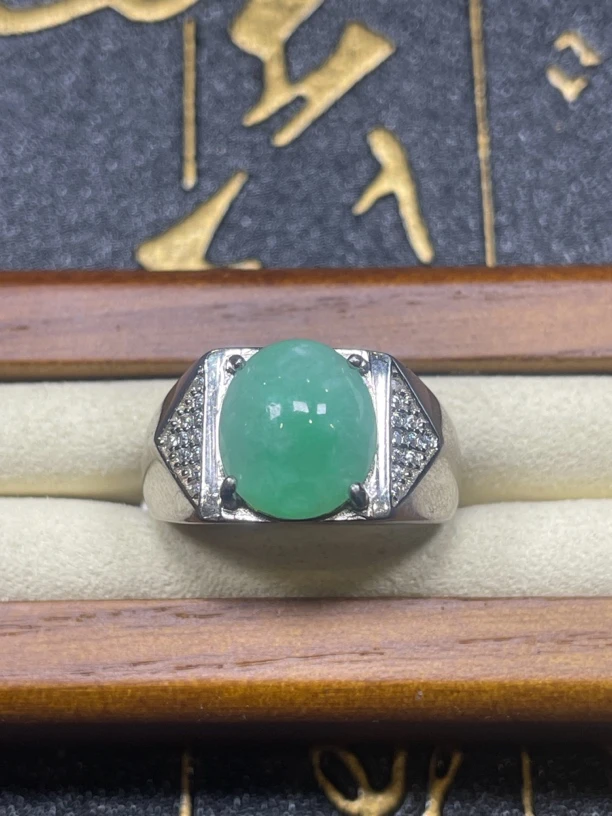 925银镶天然缅料翡翠a货男款戒指