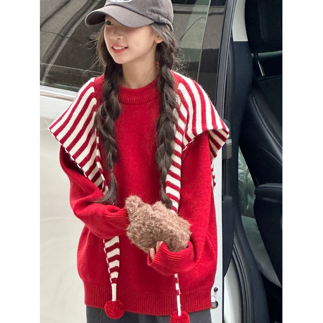 K30149孙小美韩系女童红色毛衣针织衫秋冬装2025新款儿童上衣打底