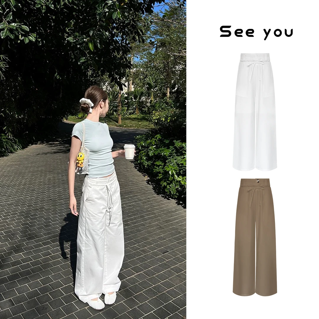 春季美式白色工装裤女阔腿休闲裤垂感拖地长裤子宽松香蕉裤z545