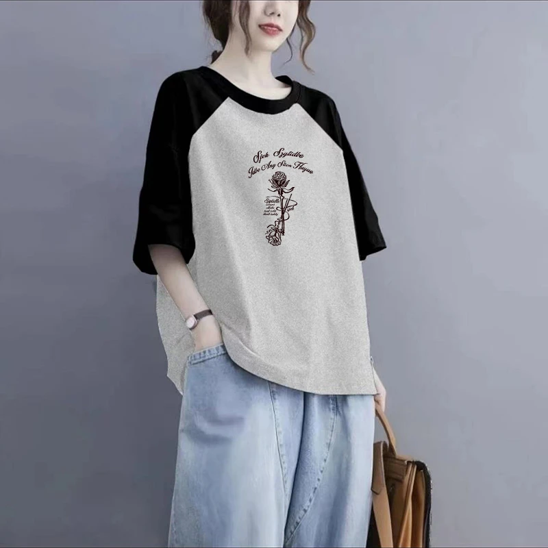 微胖妹妹大码宽松拼接T恤女夏新款100%纯棉休闲百搭撞色圆领上衣