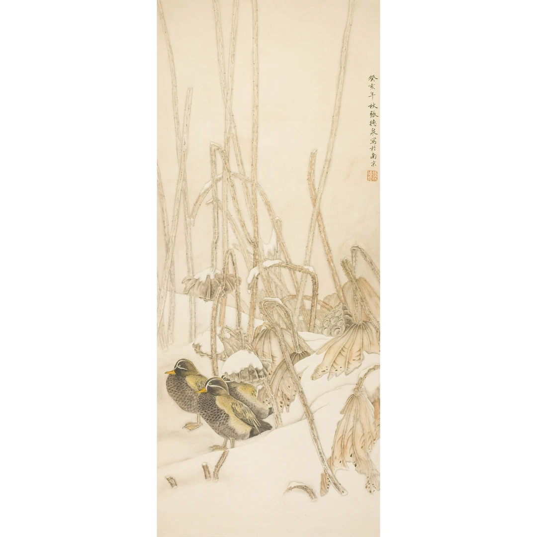 张 德 泉--寒鸭图 立轴 131×54cm