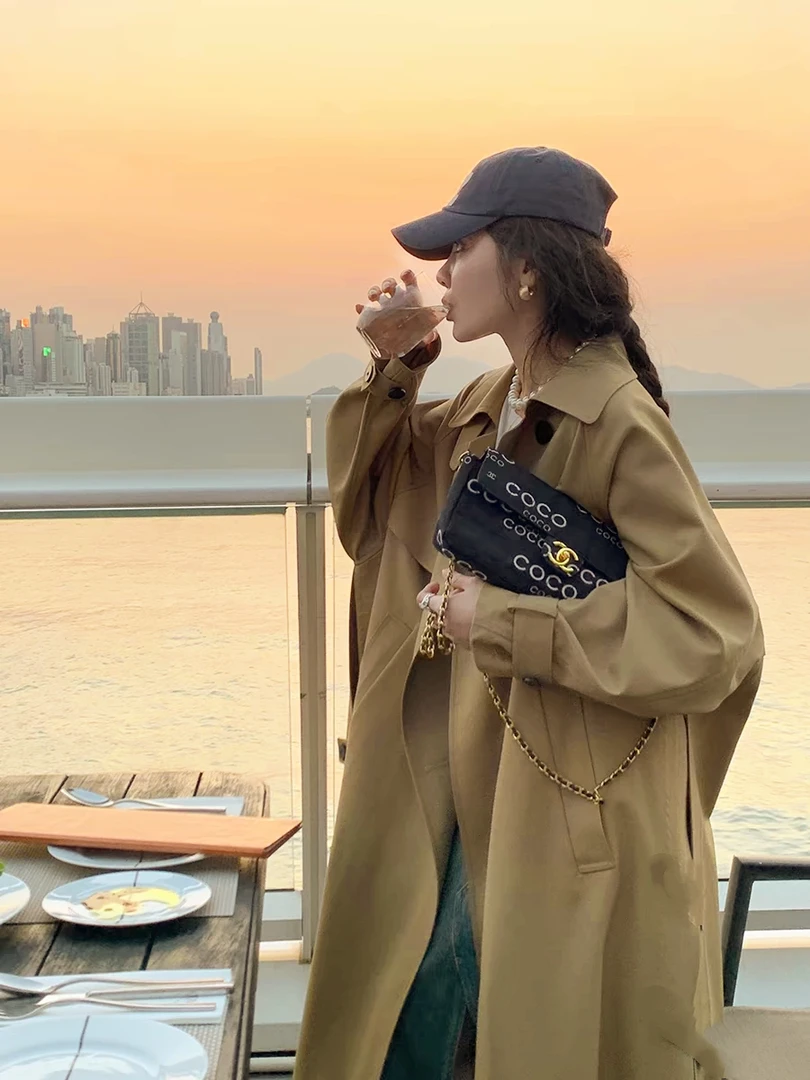 【艾丽莎定制】明星同款翻领绑带长款韩版通勤女装休闲风衣A-14