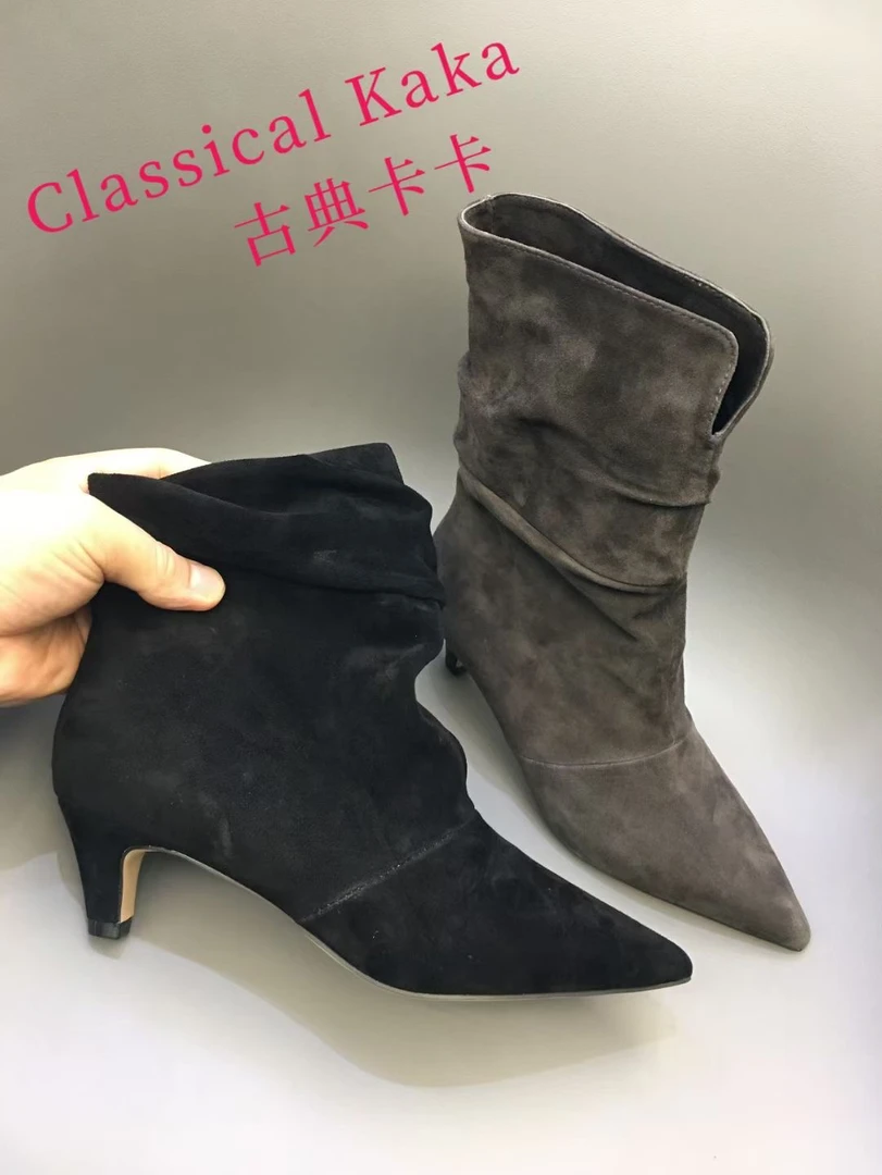 古典卡卡时装靴细跟黑色尖头百搭短靴单里粗跟