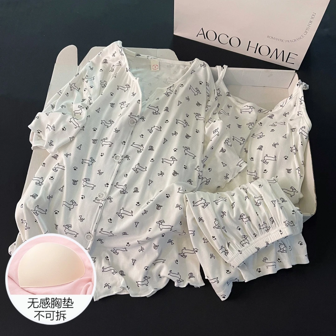 可外穿吊带睡衣女士夏季带胸垫凉感大码可外穿长条狗三件套家居服