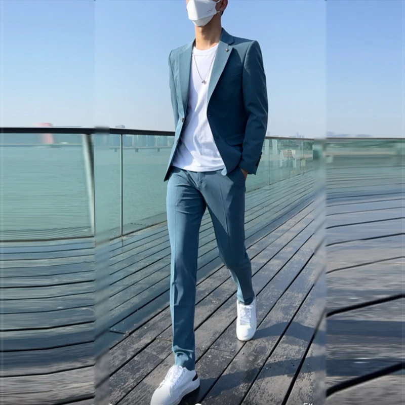 米白色西装套装男士春秋季新款职业正装韩版潮流修身痞帅休闲西服