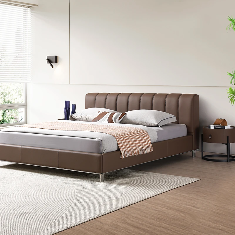 头层牛皮真皮床2024新款意式极简钢琴键咖色双人床1.8米大床家用