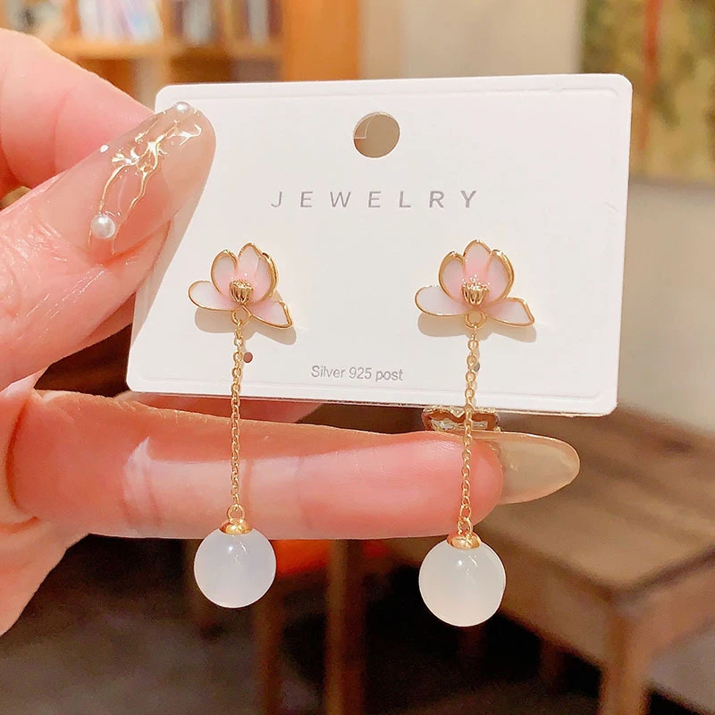 925银玻璃耳饰新中式滴釉花瓣长款猫眼石耳环韩版设计感气质百搭
