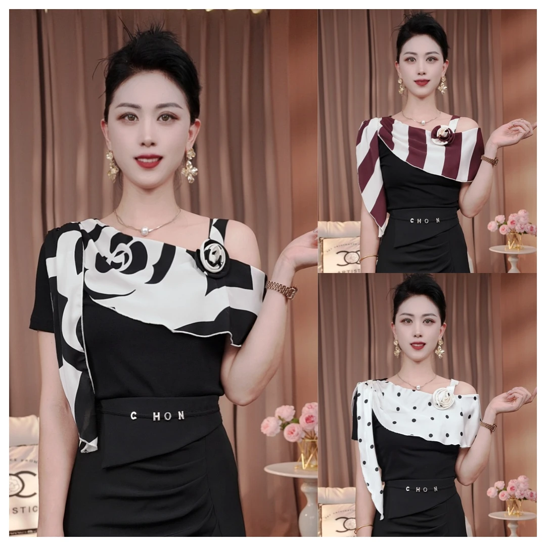 2025夏季新款时尚拼色抗皱露肩设计感法式斜领气质名媛款体恤