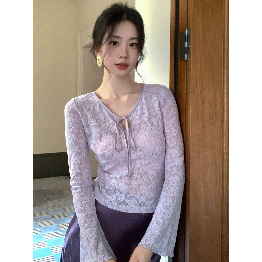 SYT自制 法式精致绑带蕾丝上衣