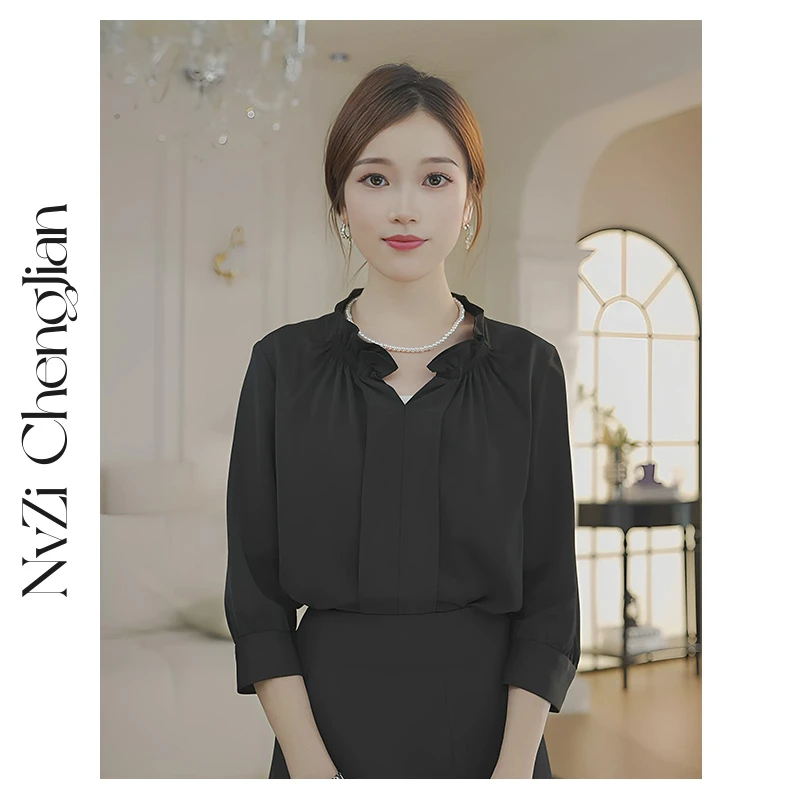 女子成鉴 清冷氛围感_黑色百搭七分袖衬衫女法式正肩职业装D-B555