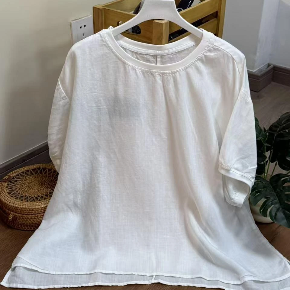 【云目悠悠】春夏季纯汉麻宽松百搭纯色女士短袖衬衫-2025517