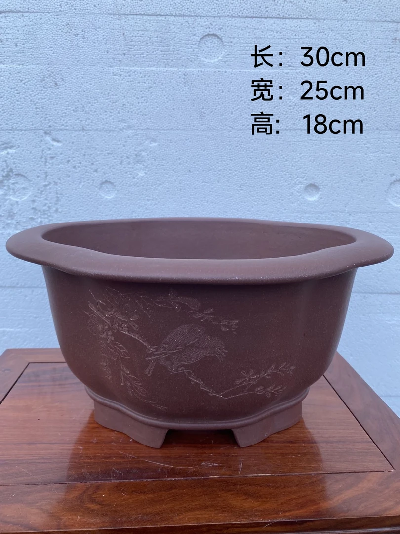 宜兴紫砂仿古海棠盆枣红泥料