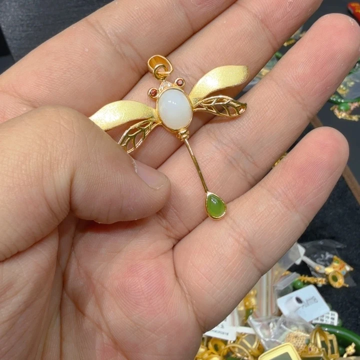 和田玉（碧玉）颈饰银S925镀金镶嵌