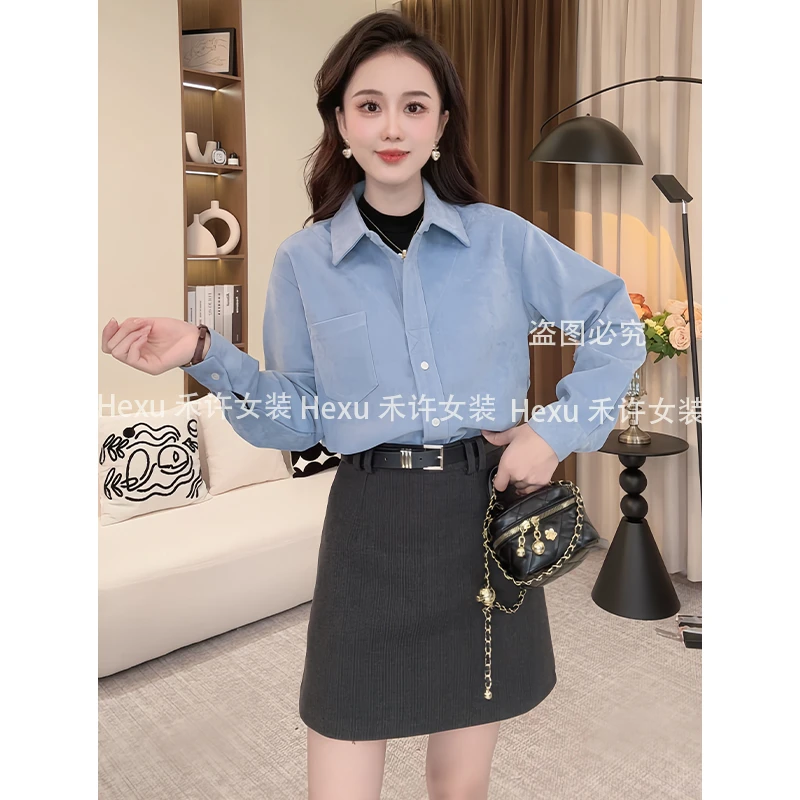 韩系半高领假两件衬衫女2024秋冬季别致设计感小众长袖上衣