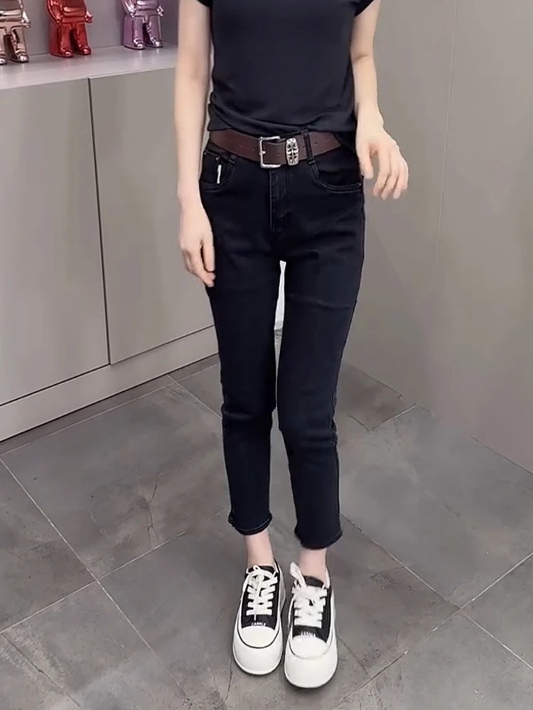 高腰九分显瘦修身百搭休闲风弹力春秋薄款牛仔裤潮流微胖女装大码