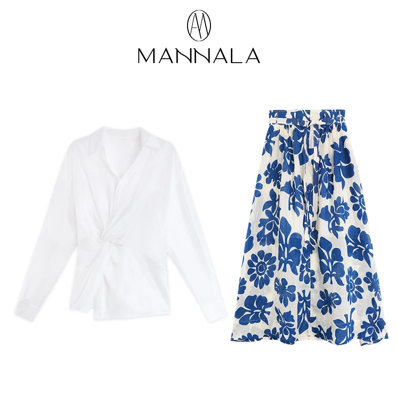 Q2481 81天丝 白衬衫+100苎麻 蓝半裙