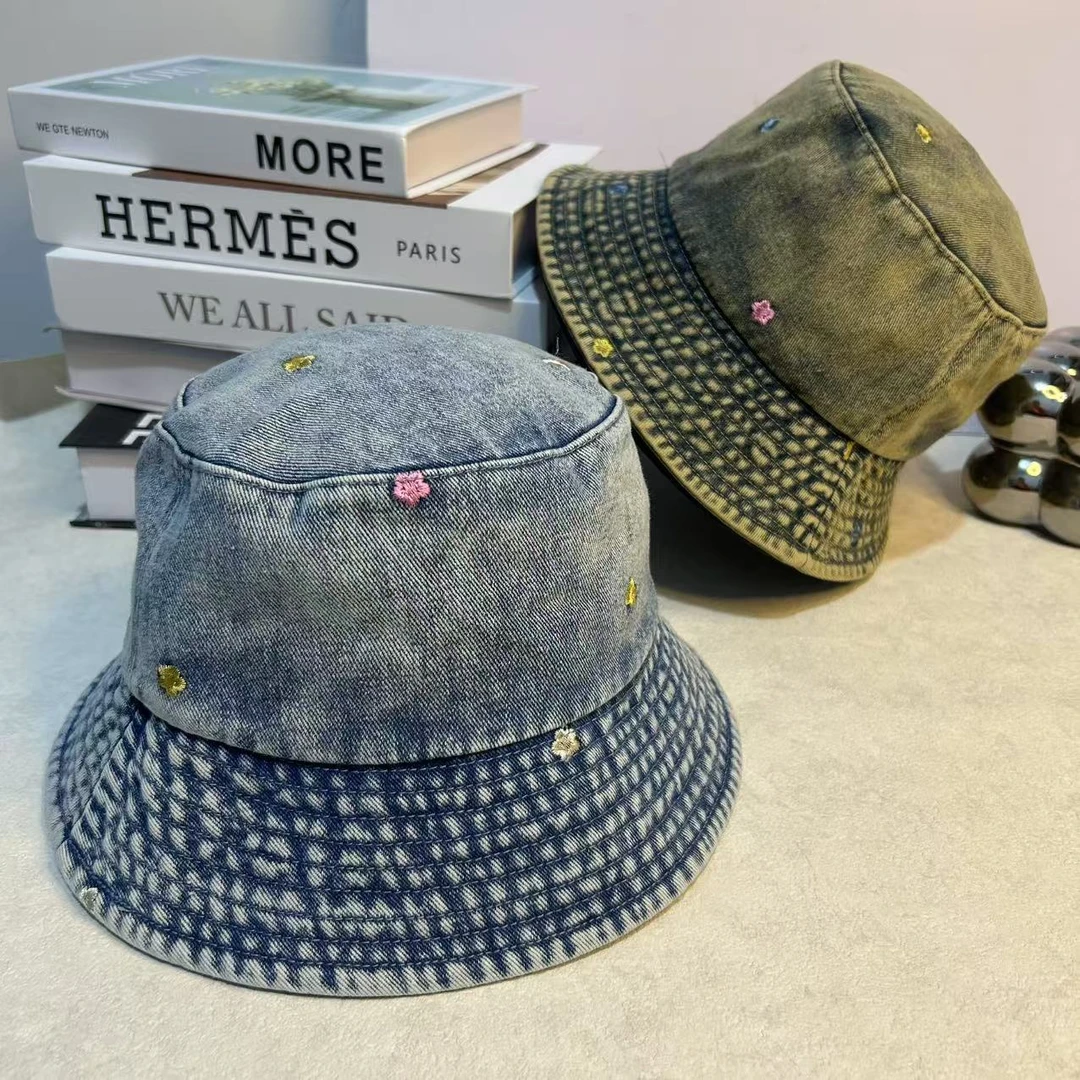 渔夫帽小花刺绣圆顶女时尚牛仔帽子春季百搭韩版盆帽遮阳帽经典潮