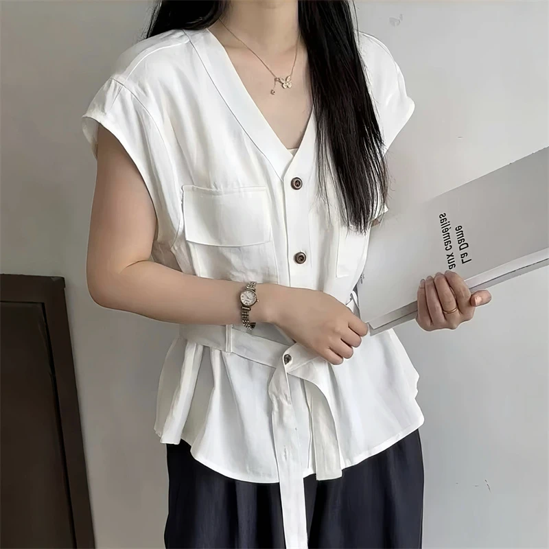 V领纯色显瘦简约压褶女装衬衫衬衣白色荡领唐风美学时尚休闲夏季
