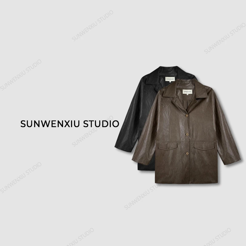 swx studio2店 韩代皮衣 私服系列秋冬复古小领时髦休闲蛋白皮衣