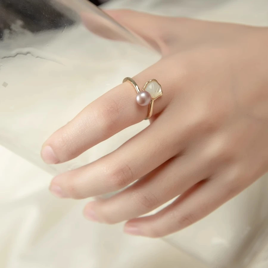 925银仿珍珠戒指 s925纯银气质仿珍珠戒指女小众银杏叶开口指环