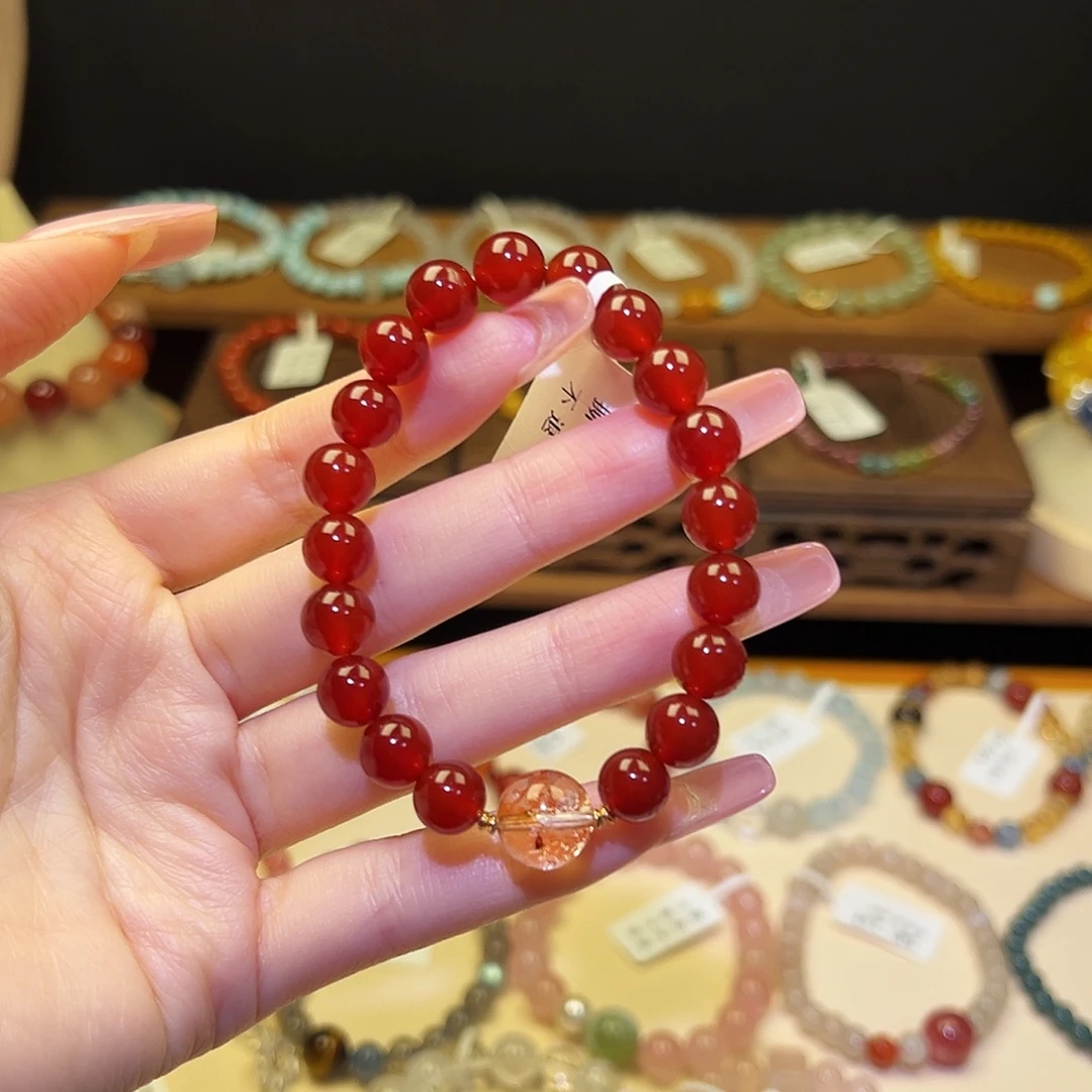 水晶手串银S925镀金镶嵌红2070