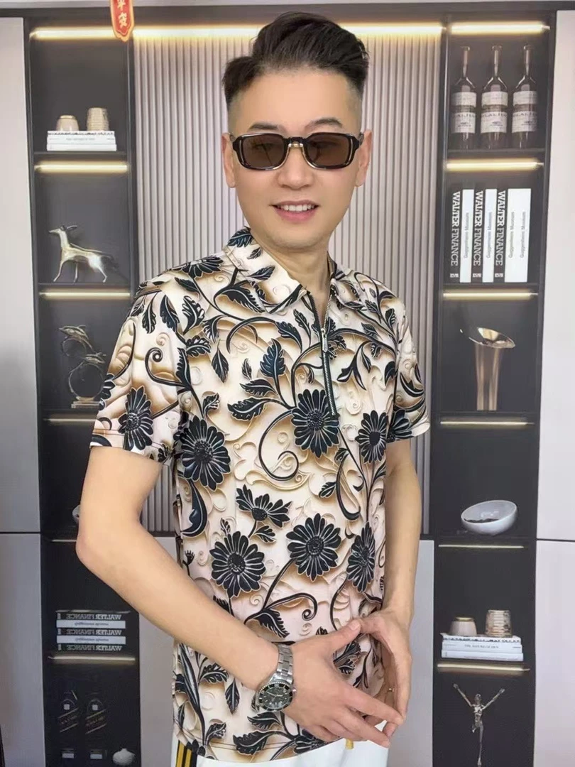 T恤印花精神小伙百搭短袖帅气修身翻领夏季男士潮流短袖t恤