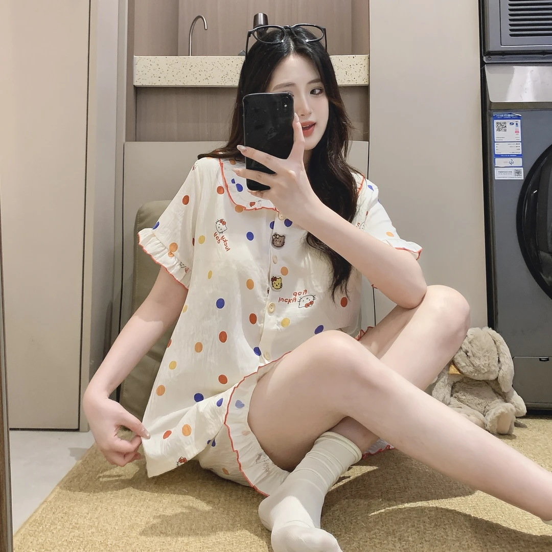 夏季彩色波点带胸垫家居服睡衣套装三件套宽松人造棉棉绸#2857