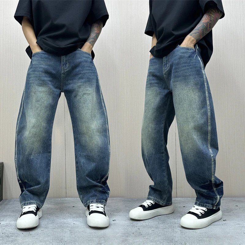 昊Studio秋季男宽松牛仔复古秋季韩式直筒渐变高腰水洗做旧牛仔裤