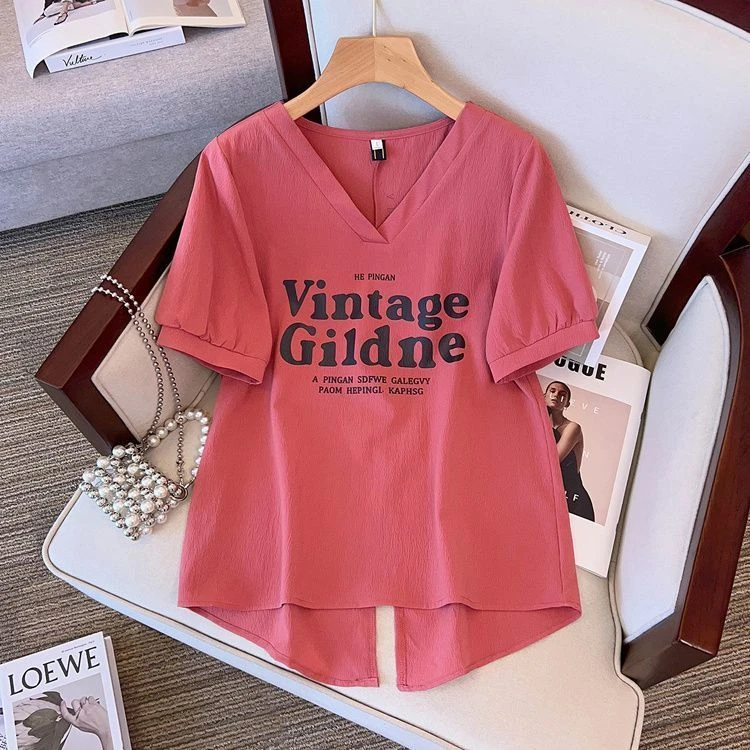 多巴胺大码后开叉V领短袖t恤女夏季2025新款韩版宽松显瘦遮肉上衣