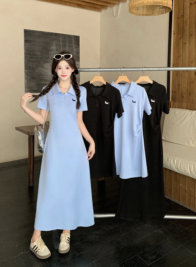 2025胖mm大码女气质休闲刺绣修身长短款polo领连衣裙22488+22399
