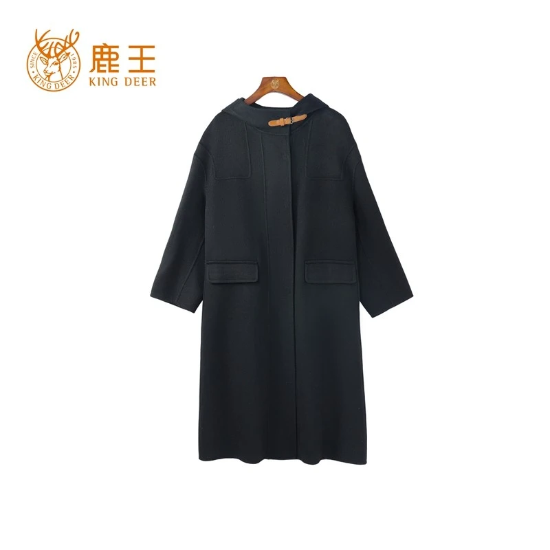 鹿王24秋冬新款女连帽皮扣100山羊绒时尚休闲长款大衣 LX854