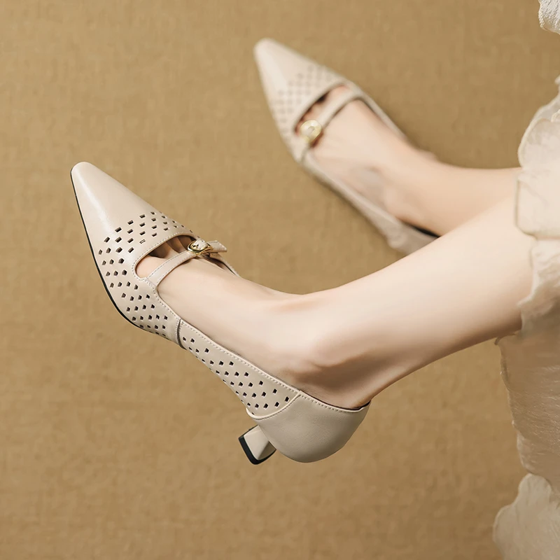 5CM，羊皮尖头镂空透气细跟高跟鞋软女士尖头金属头细跟宴会高跟鞋