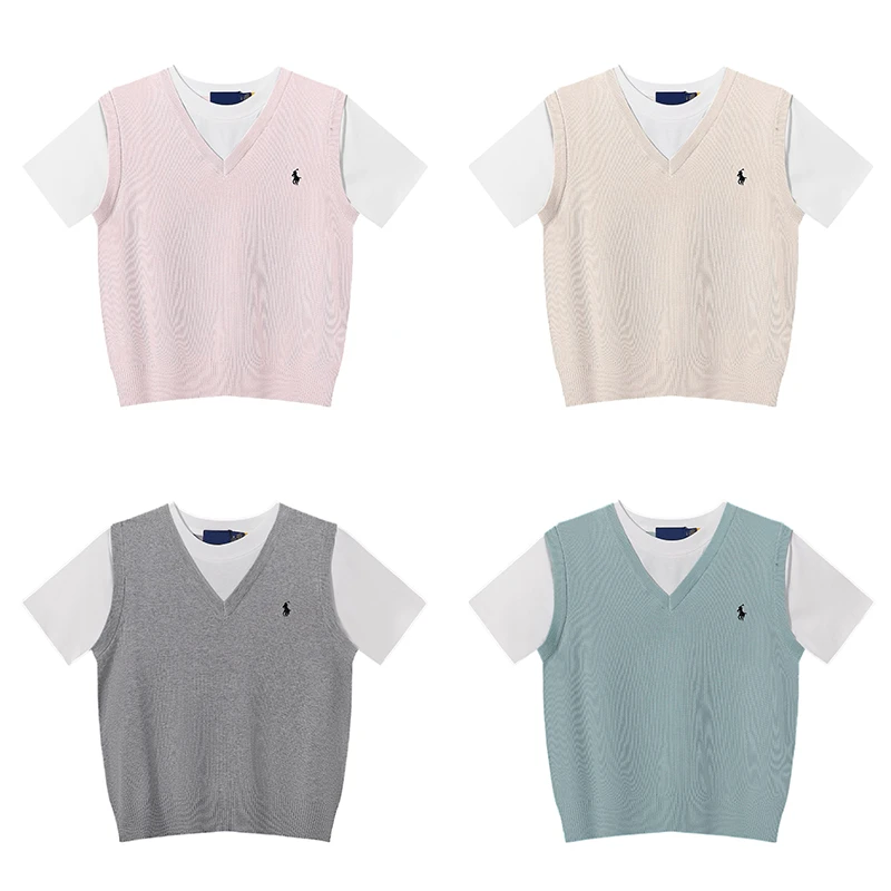 【XIAOLU】拼接假两件刺绣小标短袖上衣