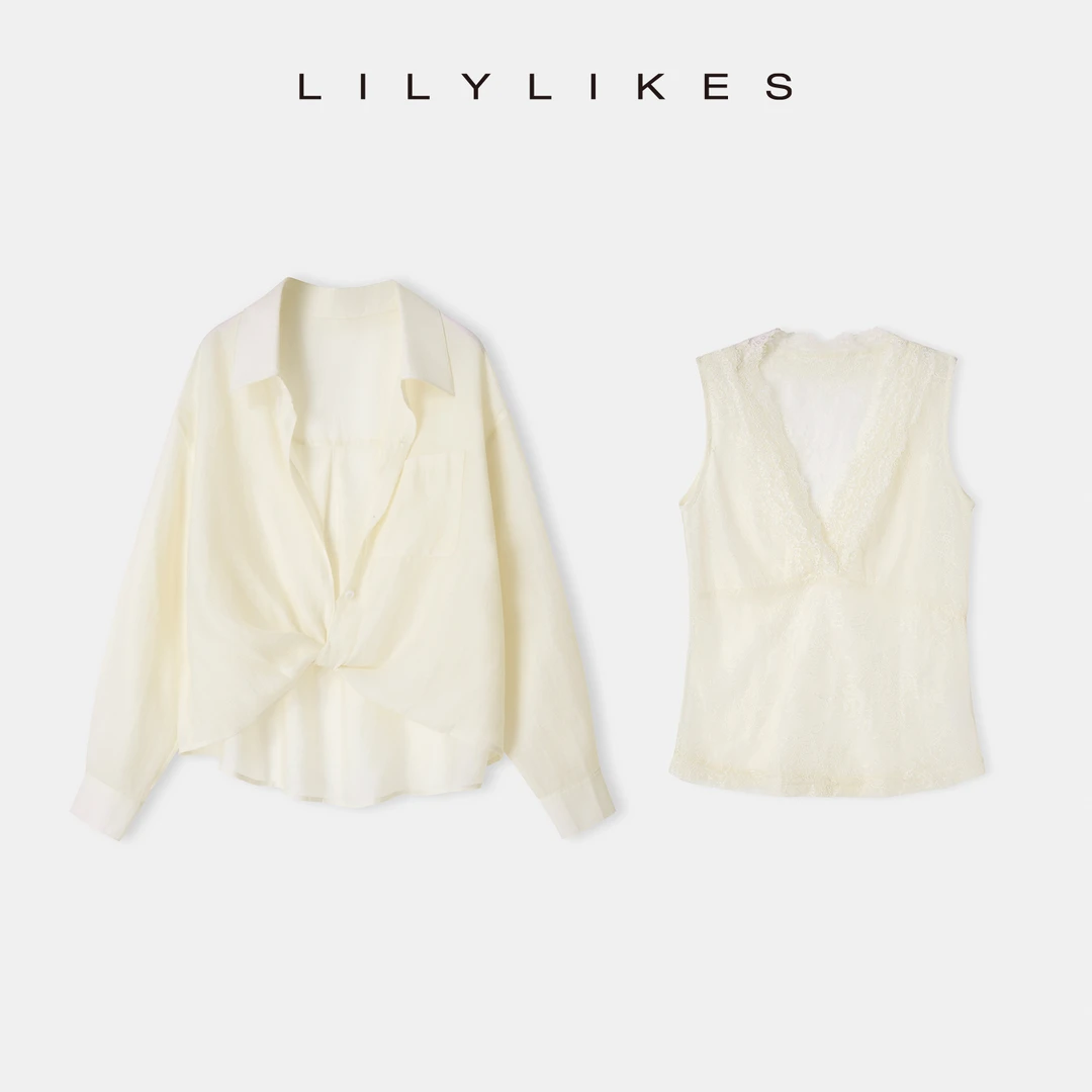 “高颜蕾丝衬衫”薄透轻盈莱赛尔呼吸感衬衫+蕾丝背心两件套组