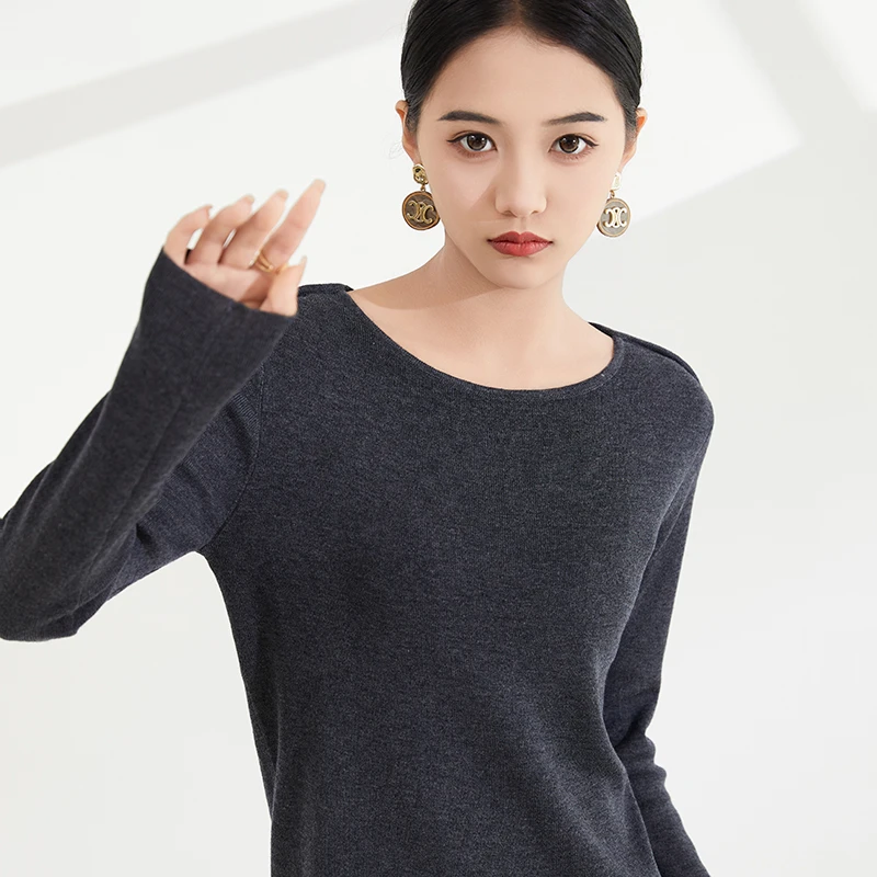 超细精纺圆领羊毛衫女春秋季薄款套头内搭针织上衣显瘦长袖打底衫